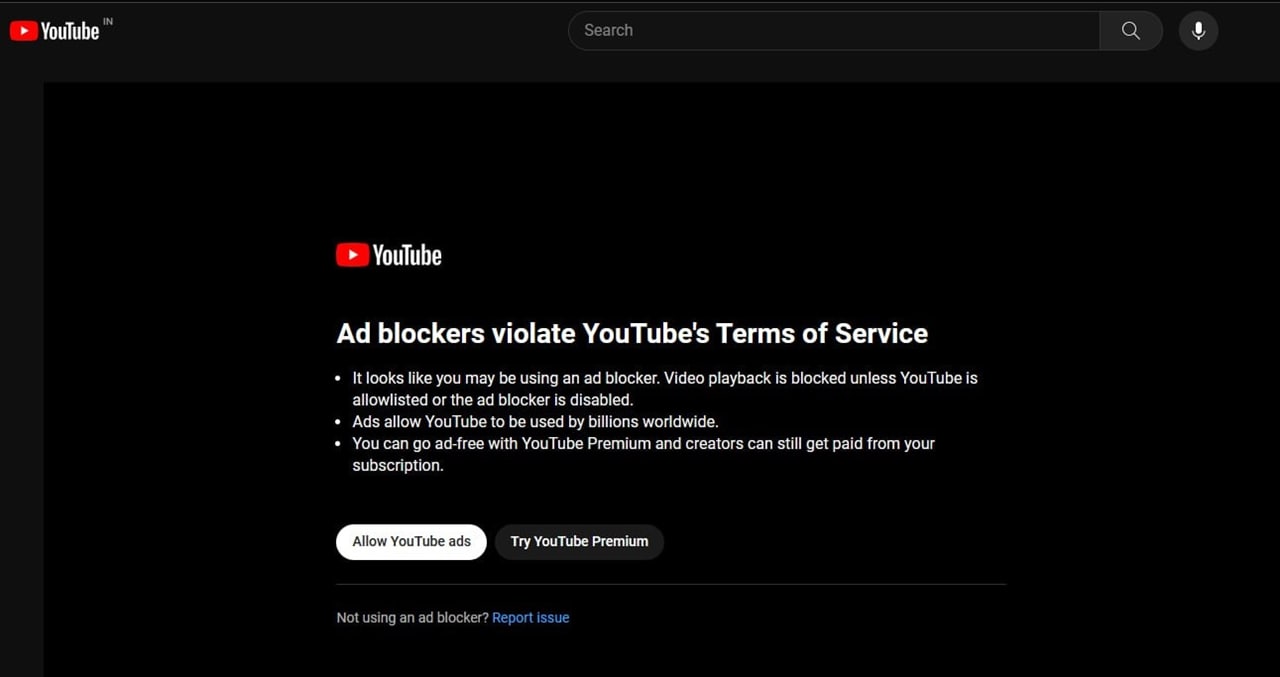 图：YouTube检测到Microsoft Edge开启严格模式（拦截广告）后会阻止用户观看视频