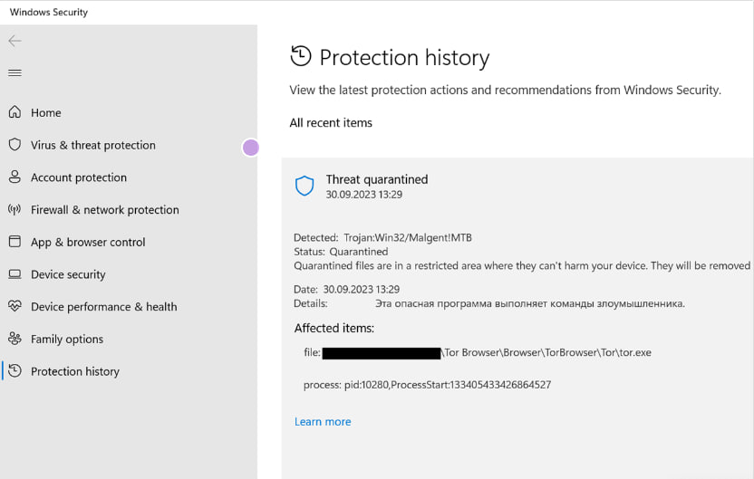 图:Microsoft Defender再次出现误报 将Tor浏览器识别为病毒后直接拦截