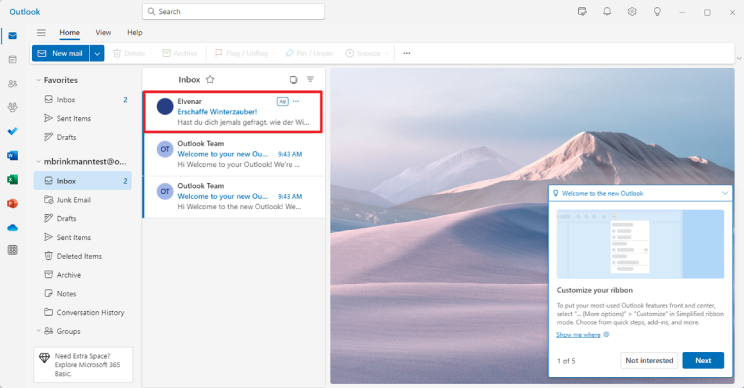 图:微软开始在新版Outlook中投放置顶广告 想要彻底关闭广告需1.99美元/月