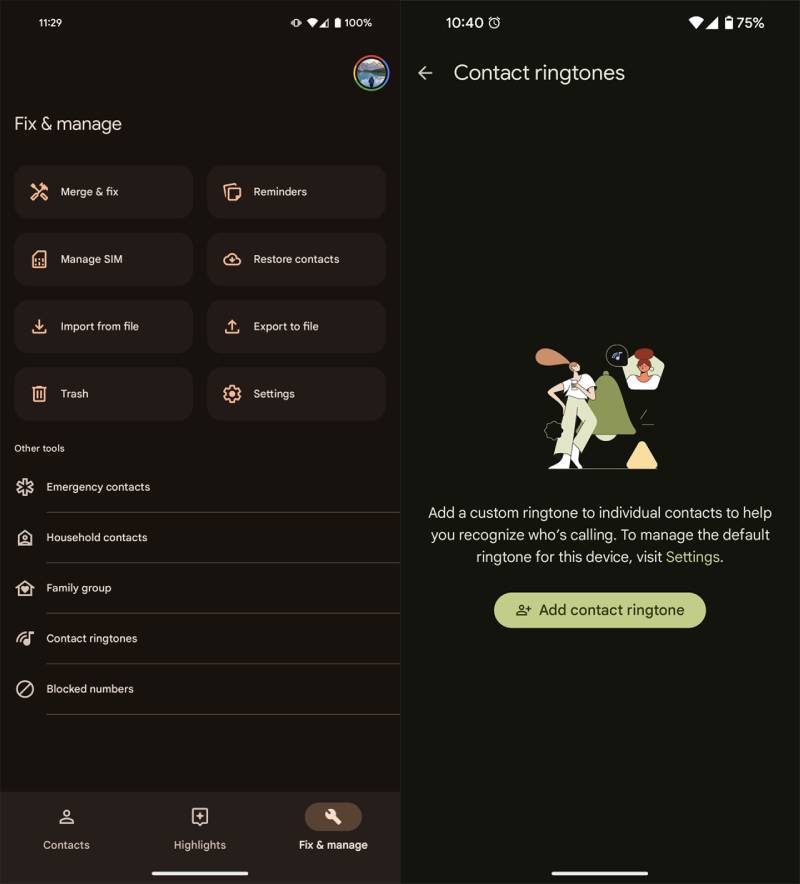 图:谷歌通讯录应用新增个性化联系人铃声管理页面 为每个联系人设置不同铃声