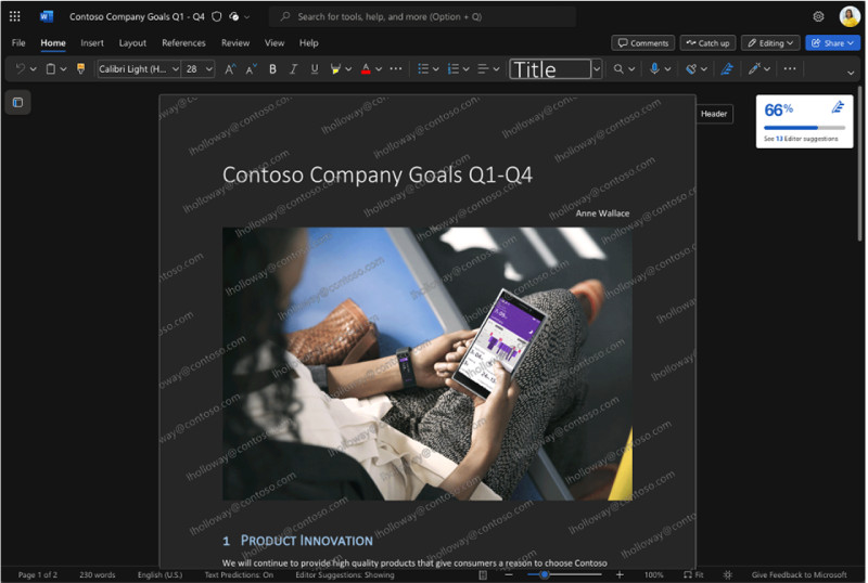 图:微软为企业版Microsoft 365添加动态水印 可以在文档中铺满查看者的邮箱地址